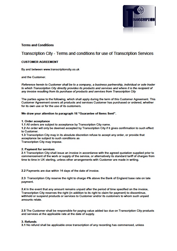 Transcription City Terms and Conditions 1 Transcription Services Terms and Conditions 1